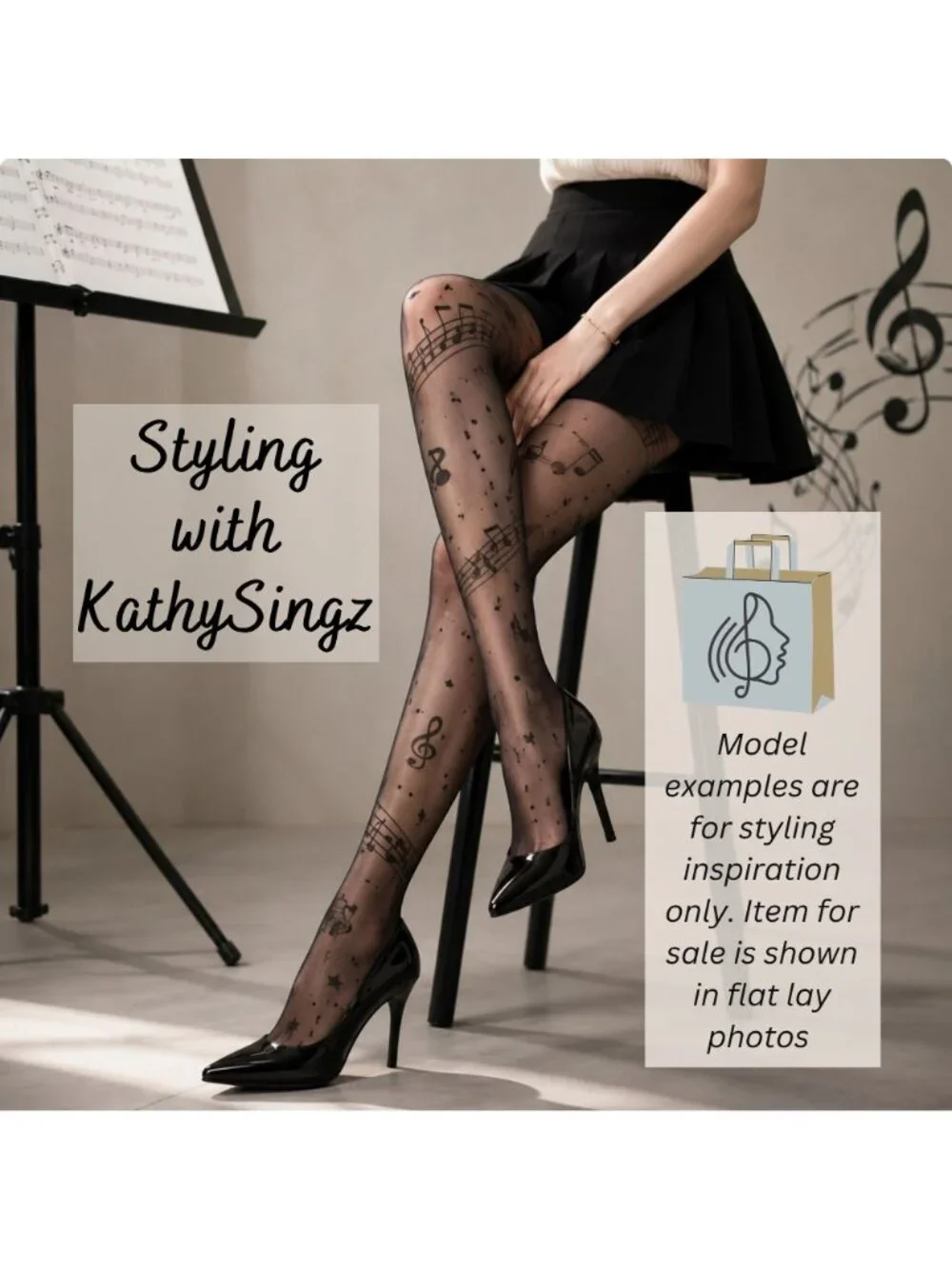 Black Music Note Tights One Size Sheer Treble Clef Staff Pattern